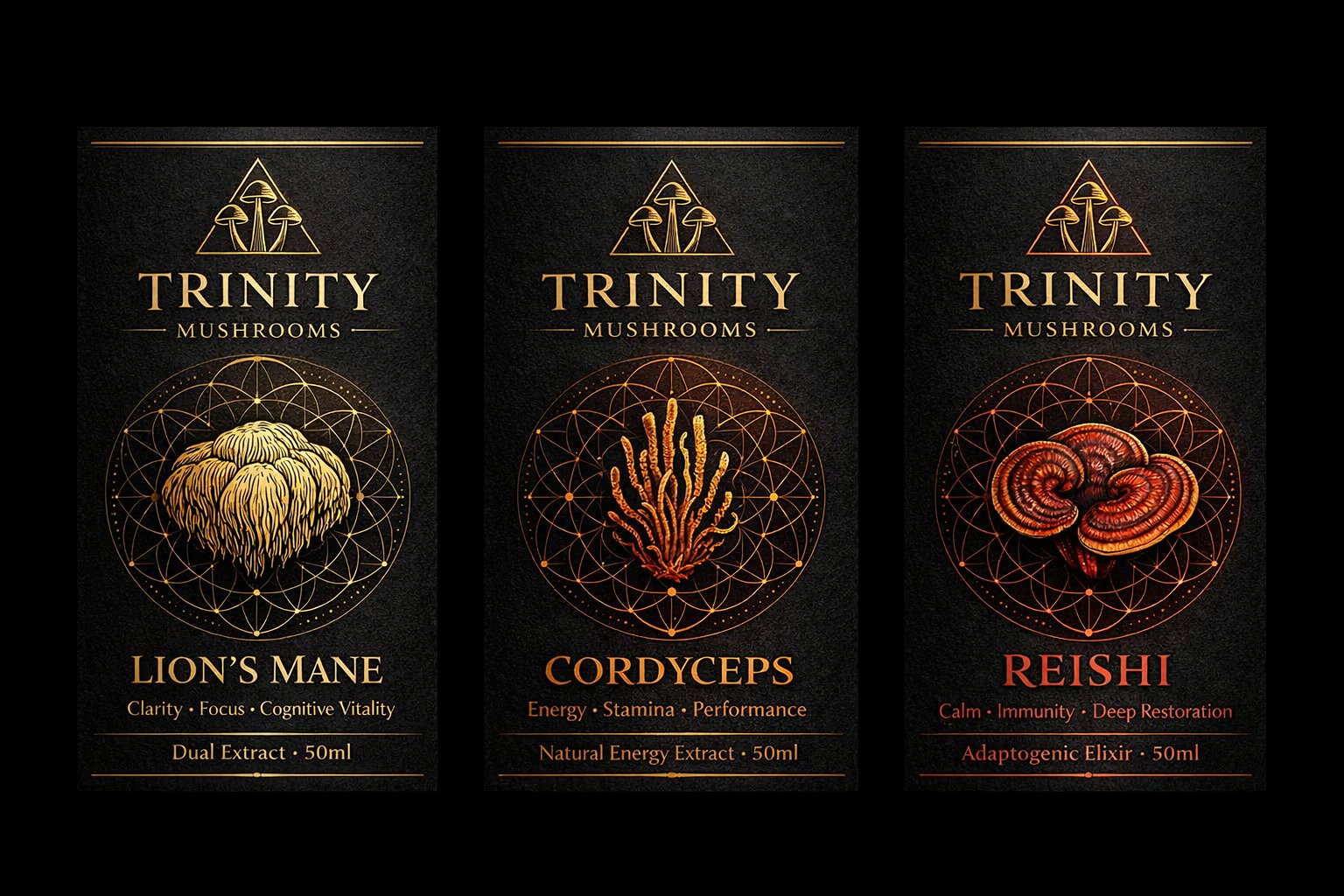 Trinity Mushrooms Lion's Mane, Cordyceps, and Reishi product boxes